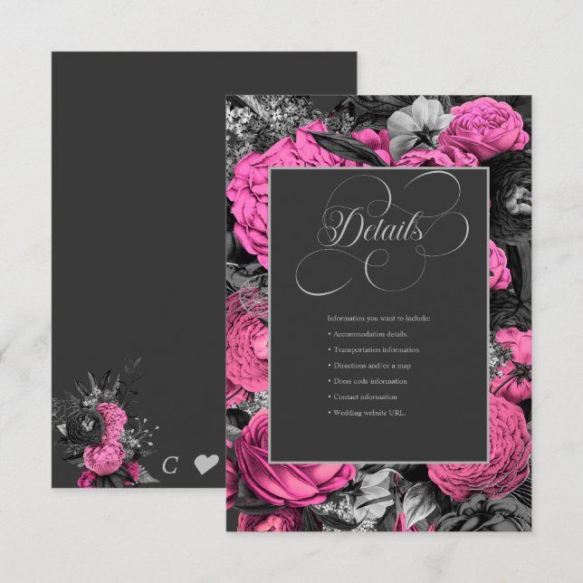 Black Pink Floral | Modern Chic Botanical Wedding Enclosure Card (Front/Back)