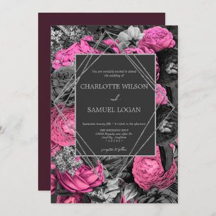 Black Pink Floral Modern Chic Floral Wedding Inv Invitation