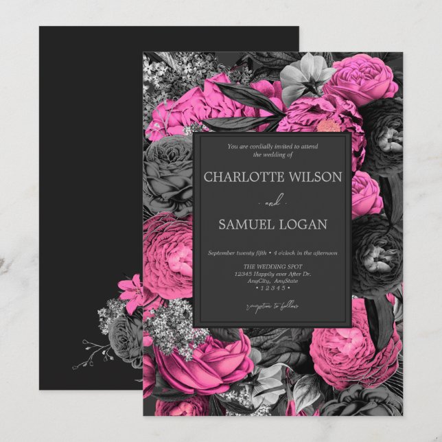 Black Pink Floral | Modern Chic Floral Wedding Inv Invitation (Front/Back)