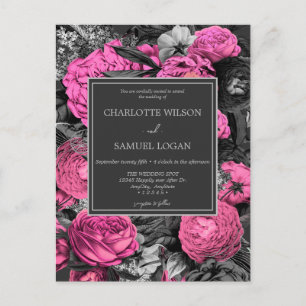 Black Pink Floral   Modern Chic Floral Wedding Invitation Postcard