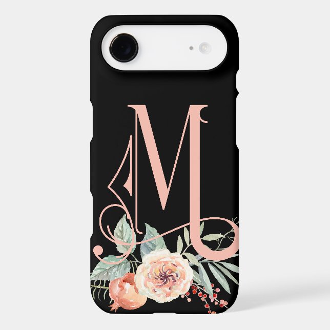 Black & Pink Floral Monogram M Case-Mate iPhone Case (Back)