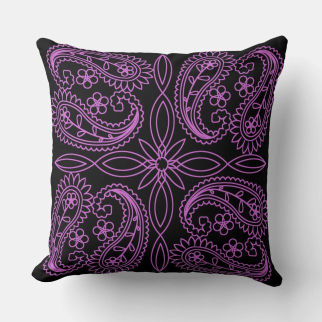 Black & Pink Floral Paisley Pattern Throw Pillow (Front)