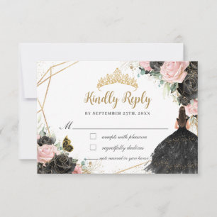 Black Pink Floral Princess Dress Quinceañera Reply RSVP Card
