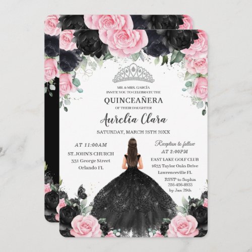 Black Pink Floral Princess Gown Silver Quinceaera Invitation