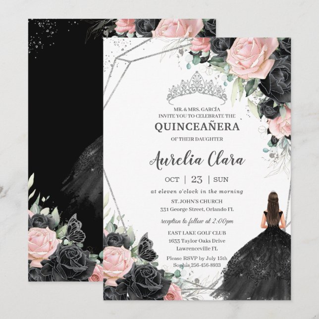 Black Pink Floral Princess Silver Quinceañera Invitation (Front/Back)