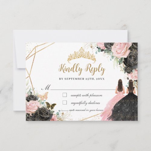 Black Pink Floral Princess Twins Quinceaera Reply RSVP Card