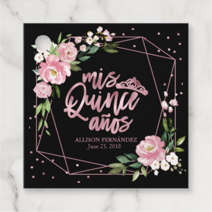 Black Pink Floral Quinceanera Favor Tags
