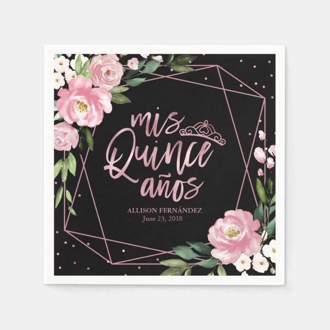  Black Pink Floral Quinceanera Napkins (Front)