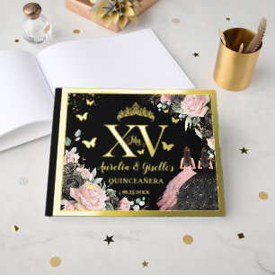 Black Pink Floral Quinceanera Quince 15 XV Twins Foil Guest Book