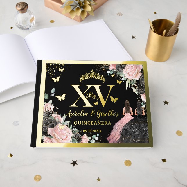 Black Pink Floral Quinceanera Quince 15 XV Twins Foil Guest Book (Front Open)