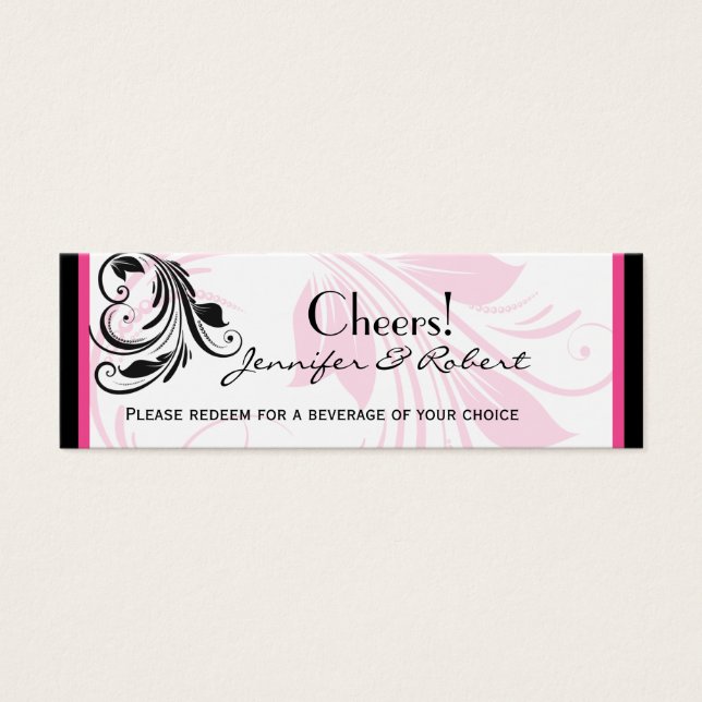 Black Pink Floral Scroll Wedding Drink Ticket (Front)