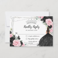 Black Pink Floral Silver Princess Gown Quinceañera