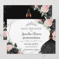Black Pink Floral Silver Quinceanera XV Sweet 16
