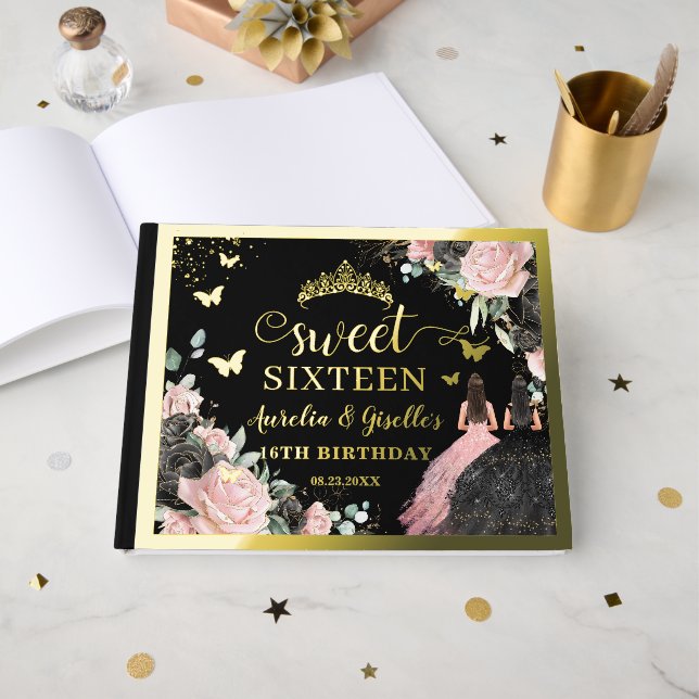 Black Pink Floral Twins Sweet Sixteen 16 Birthday Foil Guest Book (Front Open)