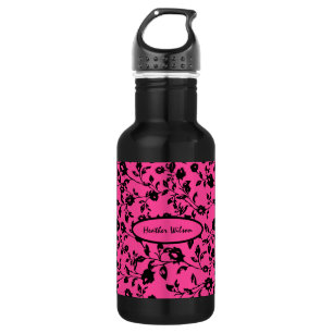 Black Pink Floral Water Bottle with Name