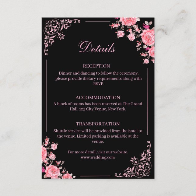 Black & Pink Floral Wedding Enclosure Card (Front)