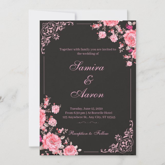 Black & Pink Floral Wedding Invitation (Front)