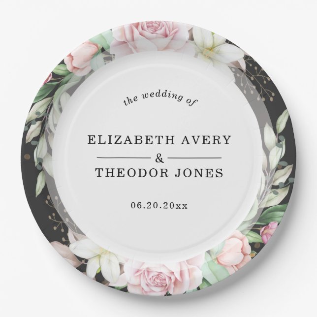 Black Pink Floral Wedding Napkins Paper Plates (Front)