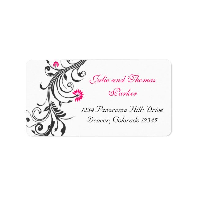 Black Pink Floral Wedding Return Address Label (Front)