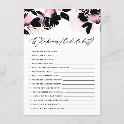 Black Pink Floral Who Knows the Bride Best Game Enclosure Card