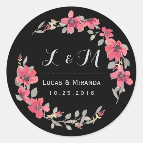 Black Pink Floral Wreath Wedding Favor Sticker