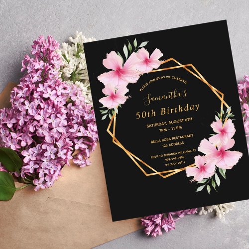 Black pink florals budget birthday invitation