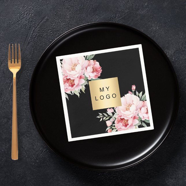 Black pink florals business logo napkins (Creator Uploaded)