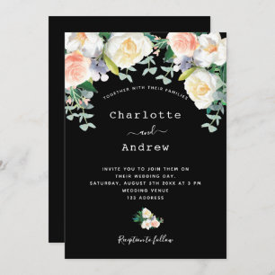 Black pink florals eacalyptus wedding invitation