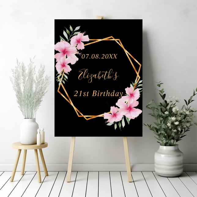 Black pink florals gold geometric birthday foam board (Creator Uploaded)