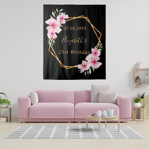 Black pink florals gold geometric birthday tapestry