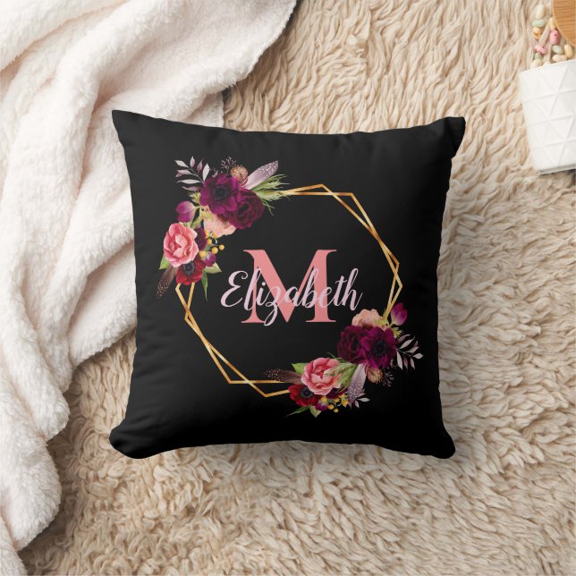 Black pink florals gold geometric monogram name throw pillow (Blanket)