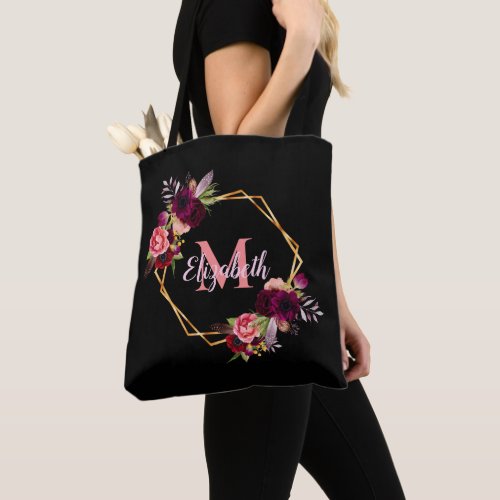 Black pink florals gold geometric monogram name tote bag