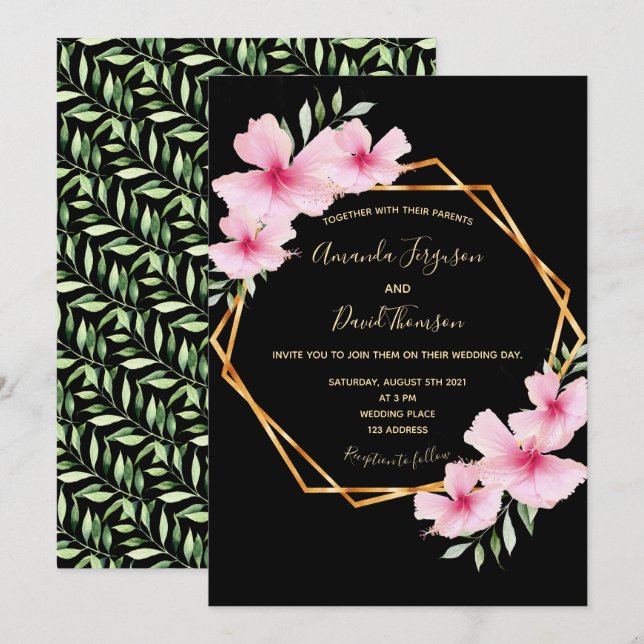 Black pink florals gold geometric wedding invitation (Front/Back)