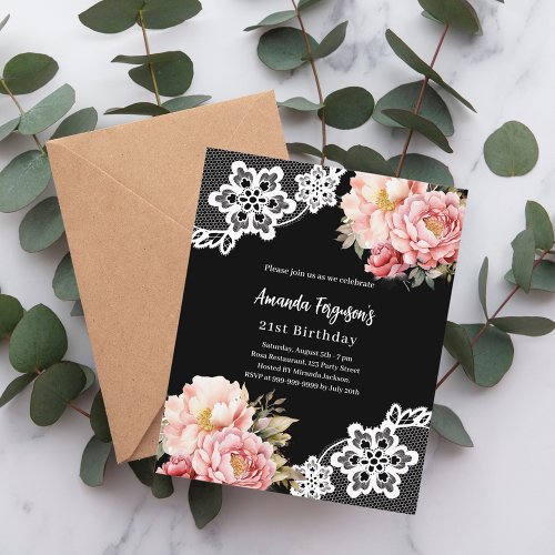 Black pink florals lace birthday invitation