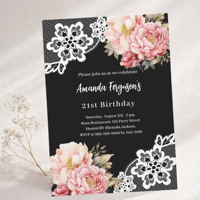 Black pink florals lace elegant birthday invitation (Creator Uploaded)