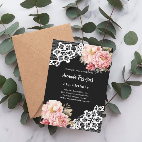 Black pink florals lace elegant birthday invitation