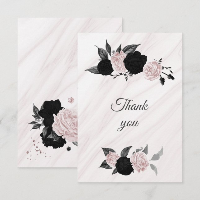 black & pink flowers botanical marble thank you card (Front/Back)