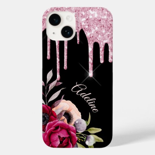 Black pink flowers glitter drips name Case_Mate iPhone 14 case