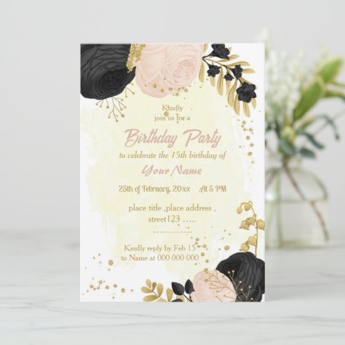 black  pink flowers gold botanical birthday party invitation