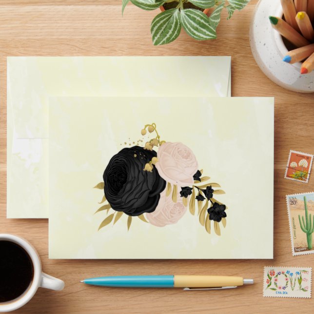 black & pink flowers gold botanical wedding envelope (Desk)