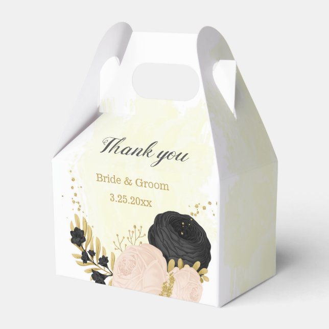 black  pink flowers gold botanical wedding favor boxes (Front Side)
