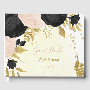 black & pink flowers gold botanical wedding guest book