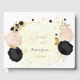 black & pink flowers gold botanical wedding guest book