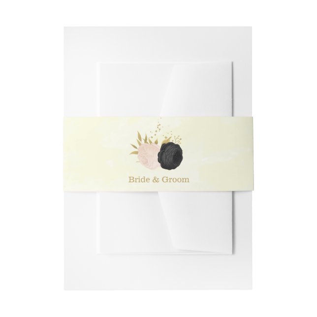 black  pink flowers gold botanical wedding invitation belly band (Front Example)