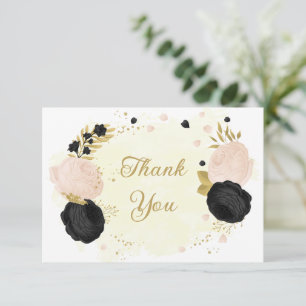 black & pink flowers gold botanical wedding thank  thank you card