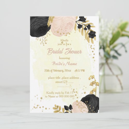black  pink flowers gold bridal shower invitation