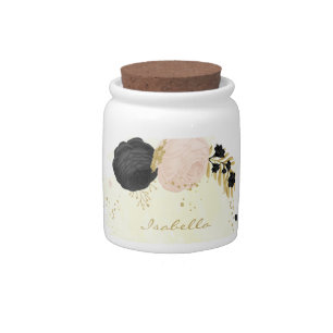 black & pink flowers gold  candy jar