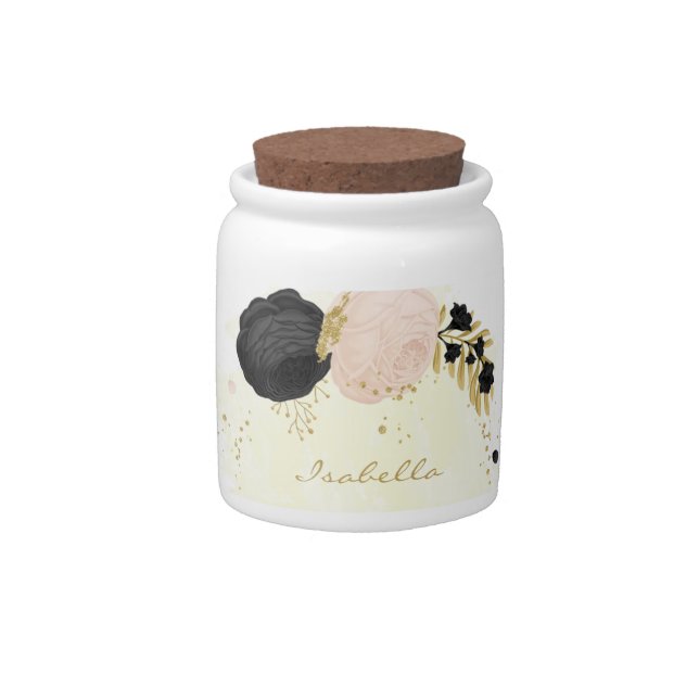 black & pink flowers gold  candy jar (Front)