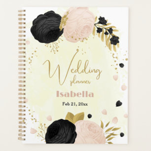 black & pink flowers gold  planner