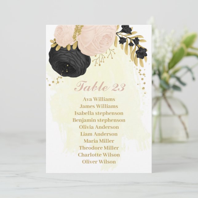 black & pink flowers gold seating chart card (Standing Front)